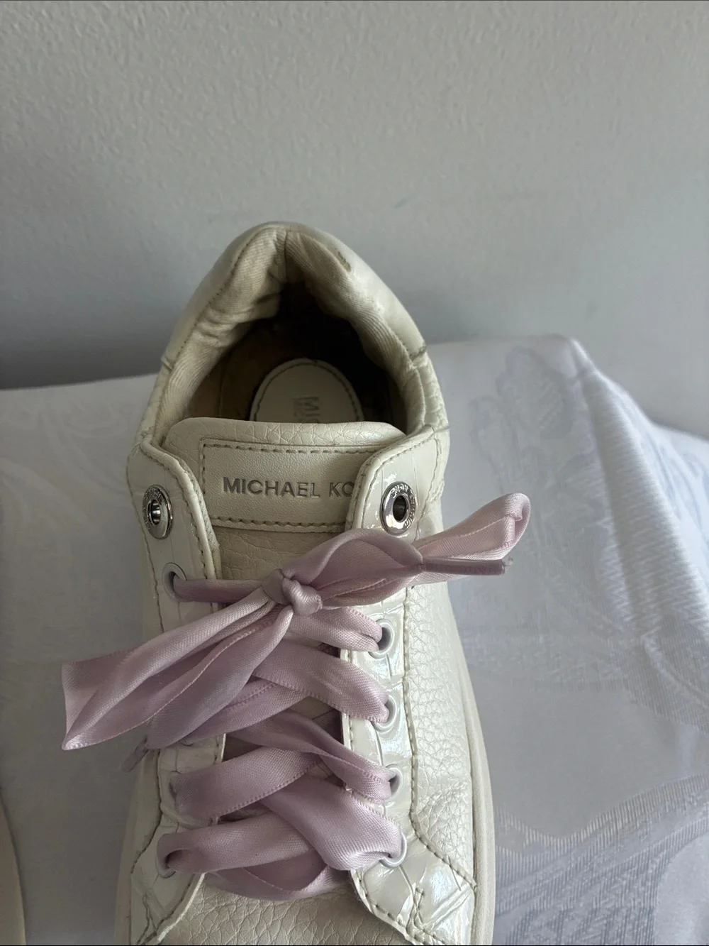 Michael Kors Cream Leather Sneakers with Light Pink Ribbon Laces